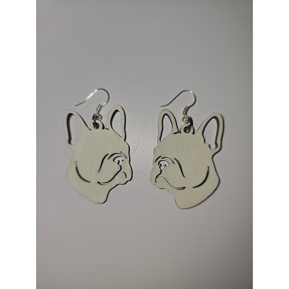French Bulldog Earrings Handmade Wooden Lightweight Small Painted White Super...